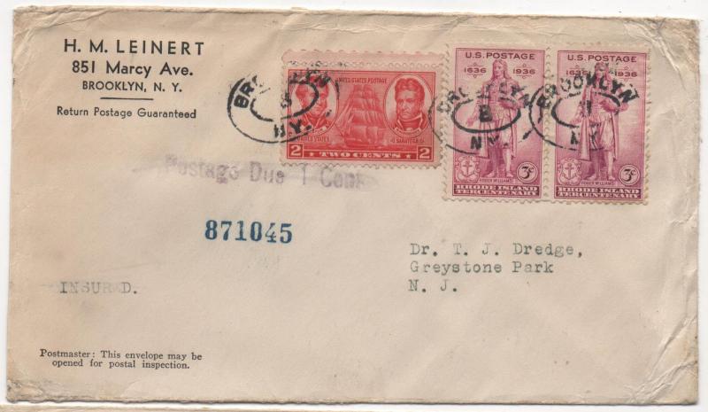 { US Insured Cover H. M. Linert Brooklyn, NY Postage Due to Dr. T. J. Dredge NJ