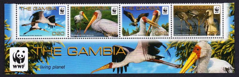 Gambia Birds WWF Yellow-billed Stork strip of 4v with WWF Logo