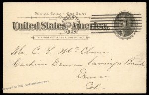 USA 1894 Colorado DENVER Machine 1 Cancel Postal Card Cover 88022