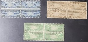 US Stamp - 1926-7 Map & Mail Planes - Set of 3 4 Stamp Blocks - Scott #C7-9