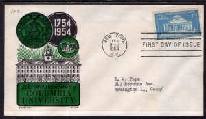 US 1029 Columbia University Cachet Craft Boll Typed FDC