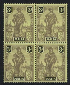 Malta Allegory 3d. - black on yellow Block of 4 1922 MNH SG#131