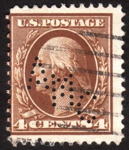 1911, US 4c, Washington, Used, AMC perfin, Sc 377