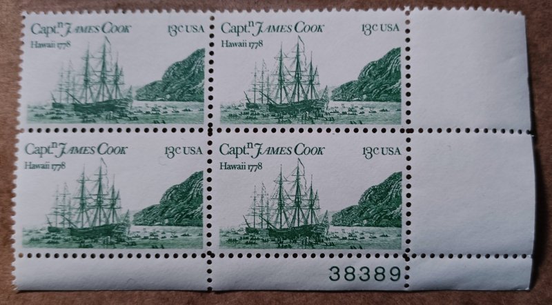 US #1733 13c Capt James Cook-Hawaii MNH block of 4 plate #38389 (1978)