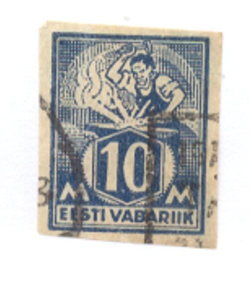 Estonia Sc  64 1922 10m deep blue blacksmith stamp imperforate used