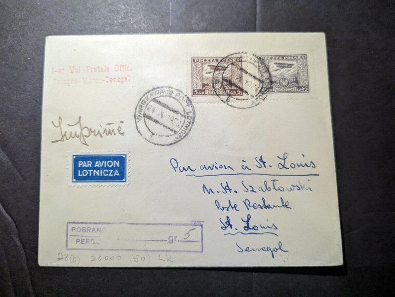 1928 Poland Airmail First Flight Cover FFC Warsaw to St Louis Senegal 50 Flown