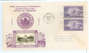 US 703 1941 3c Vermont/150th Anniversary of Statehood (pair) on an addressed (typed) FDC with a Crosby photo cachet