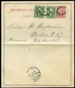 Paraguay #34, 1893 2c postal reply card to Germany, franked with 2x2c green, ...