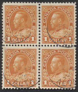 Canada #122 $1 George V Admiral Used Block of 4 VF Light CDS Cancels