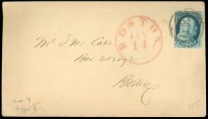 1850's Red JAN 11 BOSTON MA CDS Cover, PAID, US SC #7 Type II! Local, SCV $160