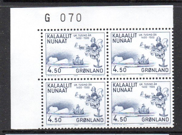 Greenland Sc 152 1983 4.5 kr  Polhorst tstamp corner number block of 4 mint NH