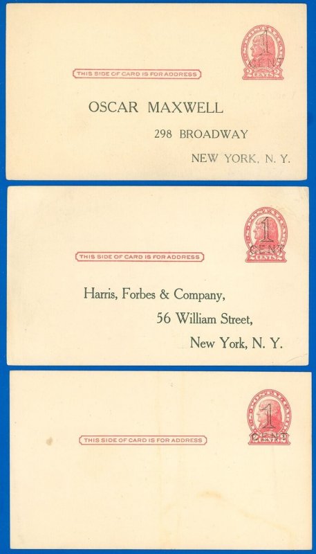 1920 Mint #UX32 Postal Cards, (3) Diff. NY 2 Line Surcharges, 2 LG, 1 Small CENT