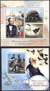 Congo 2019 Charles Darwin ships Birds Turtles Butterflies 2 S/S MNH