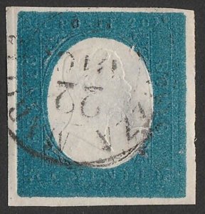 ITALY - SARDINIA 1854 King Embossed 20c blue. Sass 8b cat €400.