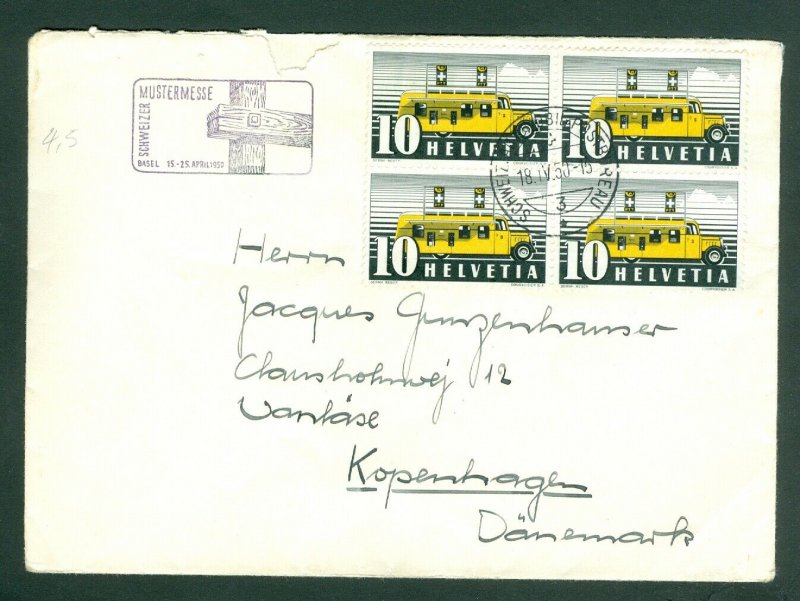 Switzerland. 1950 Cover. Special Cancel. 4-Block Sc# 237 Mobile Bus Office. Adr.