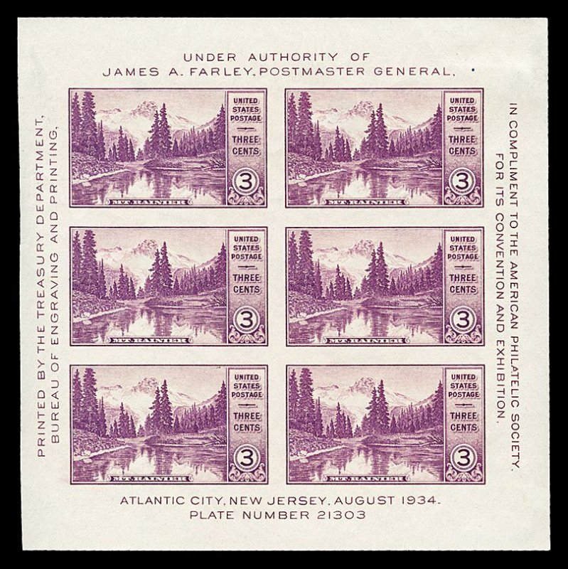 Scott 750 3c Mt. Rainier Souvenir Sheet Mint VF OG H Cat $20