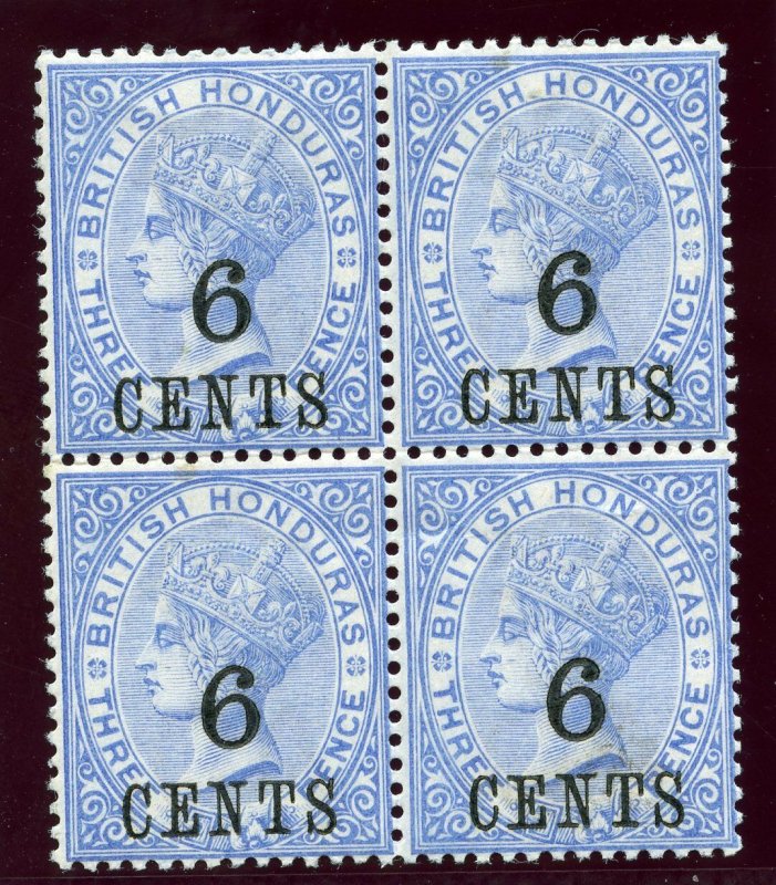 British Honduras 1891 QV 6c on 3d ultramarine block superb MNH. SG 39. Sc 36.