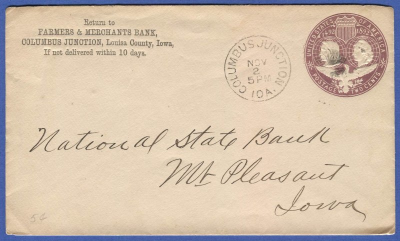 US 1893 U349, Size 11, 2c Columbian Expo Stationery COLUMBUS JUNCTION, IA