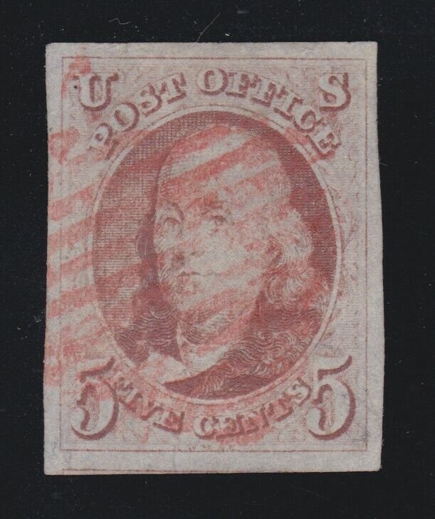 US 1 5c Franklin Used with Red Grid Cancel XF-GEM