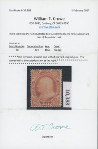 USA 38 - 30 cent Franklin - Fine Mint hinged OG - Crowe Certificate - Cat $1900
