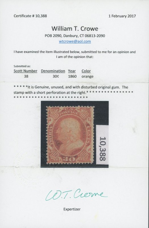 USA 38 - 30 cent Franklin - Fine Mint hinged OG - Crowe Certificate - Cat $1900