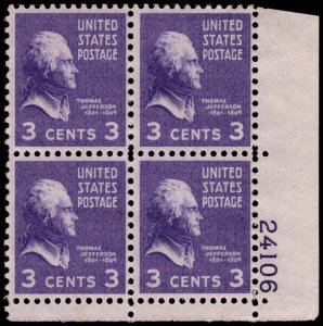 US #807 JEFFERSON MNH LR PLATE BLOCK #24106