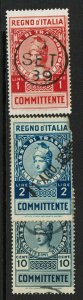 Italy 3 Used, middle stamp has top piece missing - S14230