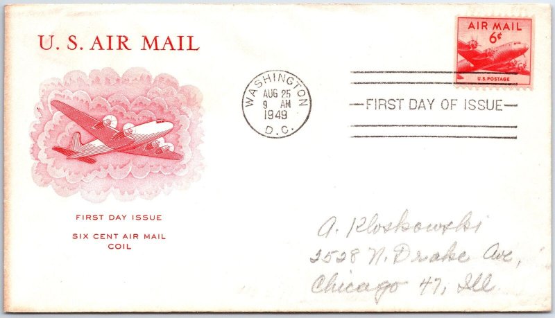 US FIRST DAY COVER 6c AIRMAIL COIL STAMP CACHETED 1949