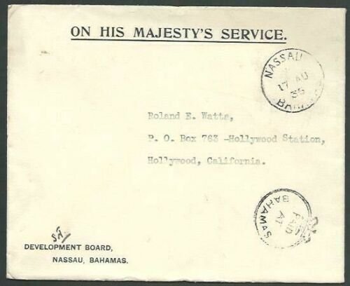 BAHAMAS 1935 OHMS cover to USA, Crown circle PAID AT BAHAMAS...............53260 