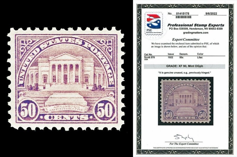 Scott 570 1922 50c Arlington Issue Mint Graded XF 90 LH with PSE CERTIFICATE