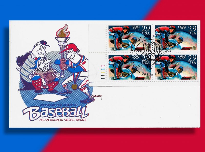 Torch Batter Up!! • 1992 Olympic Baseball FDC with Plate Number Block!