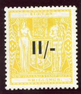 New Zealand 1940 KGVI Postal Fiscal 11/- on 11s yellow MLH. SG F189. Sc AR73.