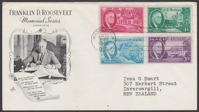 USA 1946 Roosevelt Art Craft commem FDC to New Zealand......................M124