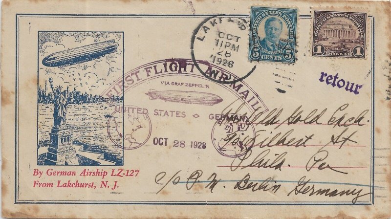 1928 Lakehurst, NJ to Berlin, Germany 1st Flt Zeppelin Flt LZ-127 & ... (58749)