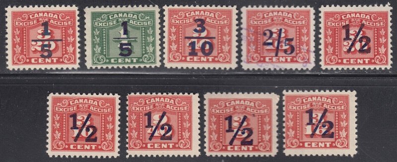 Canada Revenue FX103-FX111 Mint & Used Excise Tax Stamps