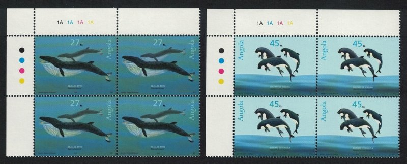 Angola Whales Dolphins Marine Mammals 2v Corner Blocks of 4 2003 MNH