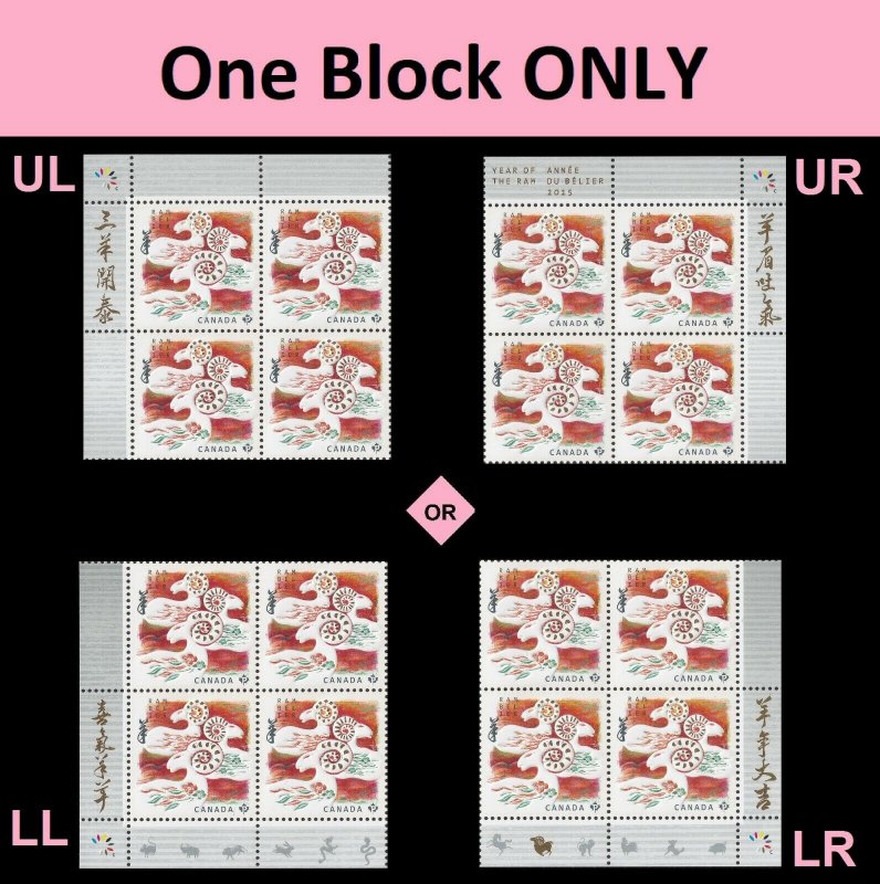 Canada 2801 Lunar New Year Ram 'P' corner block MNH 2015 