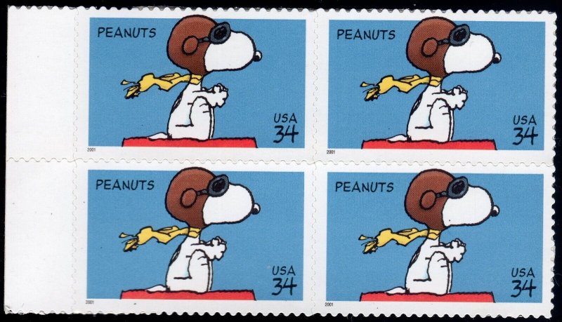 Scott #3507 Peanuts (Snoopy) Block of 4 Stamps - MNH PC