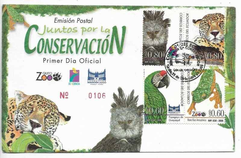 ECUADOR 2006 FAUNA ZOO JOIN FOR CONSERVATION BLOCK OF FOUR ON FDC COVER 