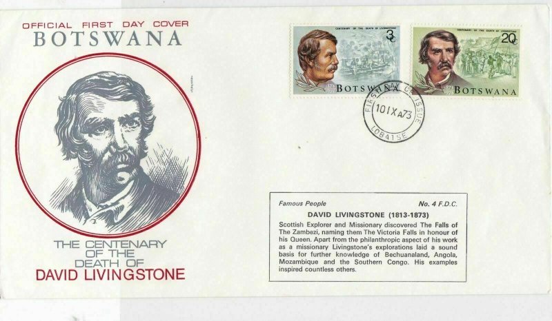 Botswana 1973 centenary of death of David Livingstone fdc stamps cover ref 21463