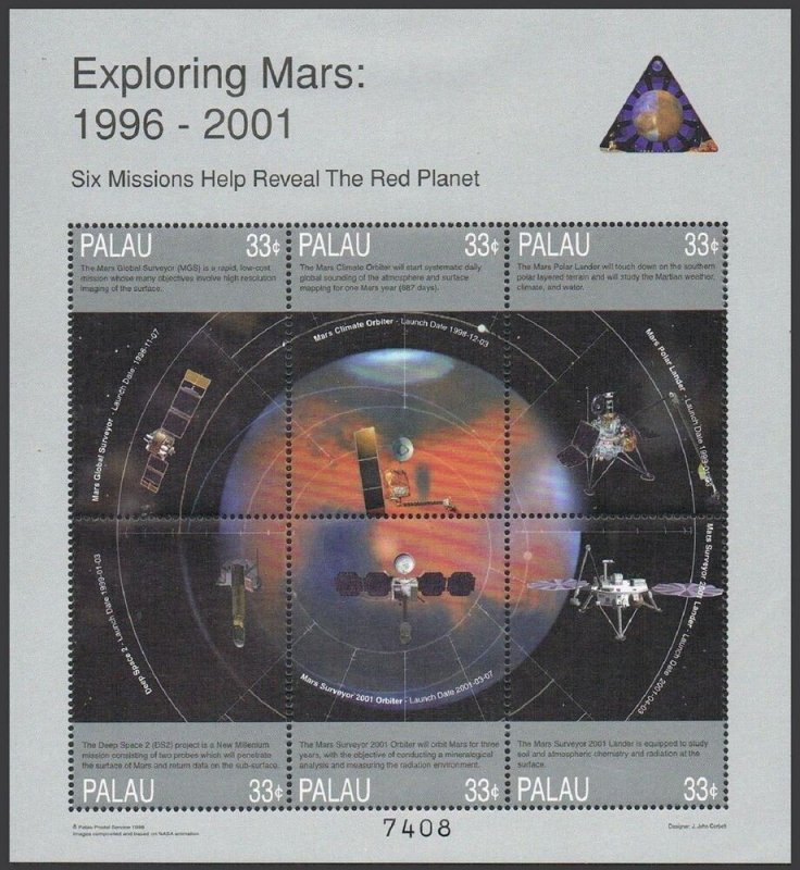 Palau 501 af, 502-505 sheets, MNH. Exploration of Mars, 1996-2001. 1999.