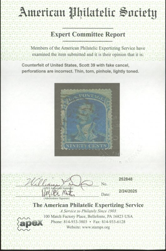 U.S. #39 USED WITH APS CERT
