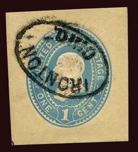 W301 cut square, UPSS Die 83, fancy cancel Ironton Ohio oval pale blue on manila