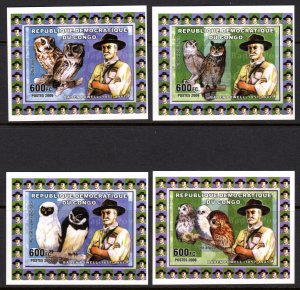 Congo 2006 OWLS-SCOUTS-LORD BADEN-POWELL 4 Souvenir Sheets IMPERFORATED MNH