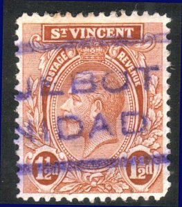 ST VINCENT GV 1½d part PAQUEBOT TRINIDAD cancel in violet..................52949