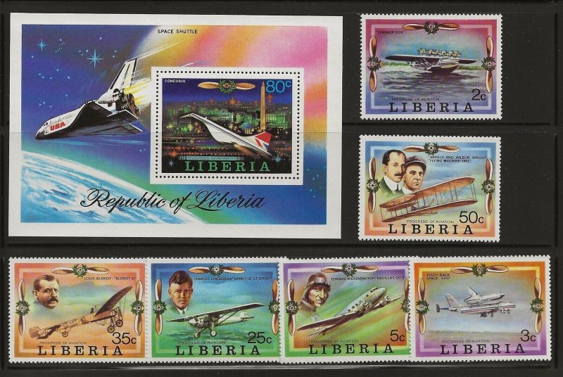 LIBERIA Sc 794-800 NH issue of 1978 - SET+SOUVENIR SHEET - HISTORY OF AVIATION 