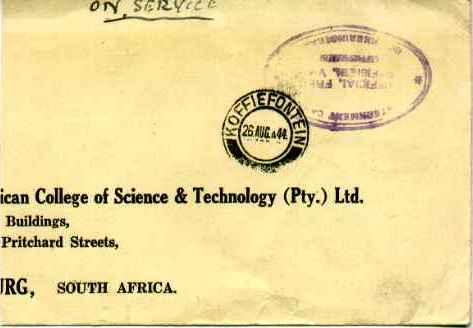 South Africa Official Free Mail 1944 Koffiefontein to Johannesburg with viole...