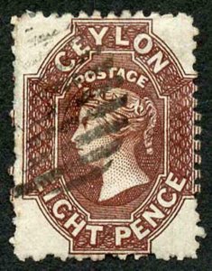 Ceylon SG68 8d Chocolate Wmk Crown CC Used