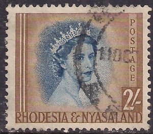 Rhodesia & Nyasaland 1954 - 56 QE2 2/-d Blue & Brown used SG 11 ( M1116 )