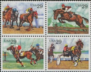 1993 Sporting Horses Block of 4 29c Postage Stamps, Sc#2756 - 2759, MNH, OG